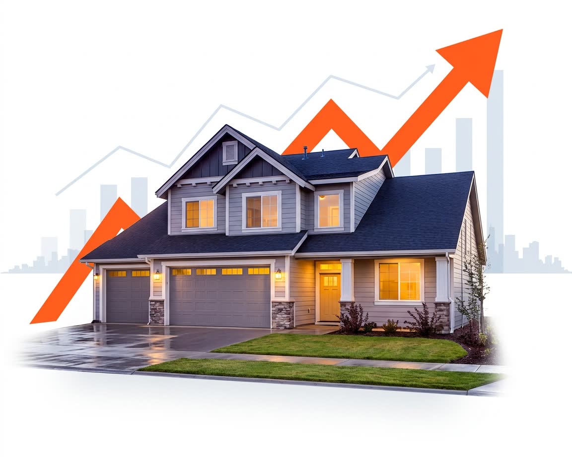 Suburban home with lit windows, a rising orange arrow and chart bars climbing behind it